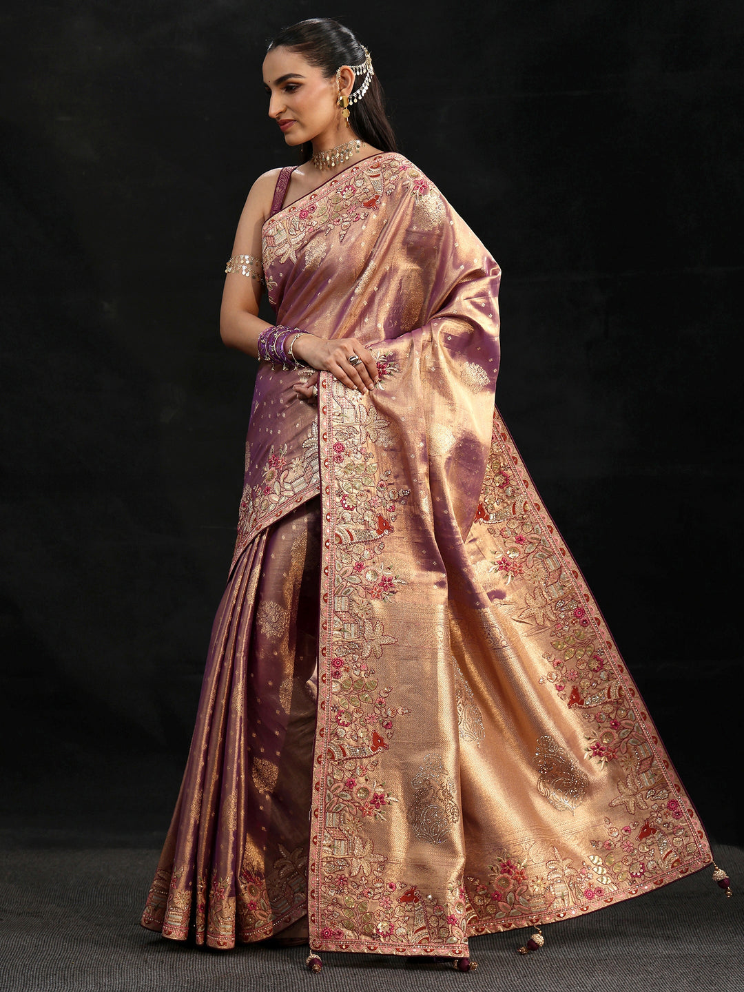 Libas Art Purple Woven Design Silk Blend Saree with Embroidered Border