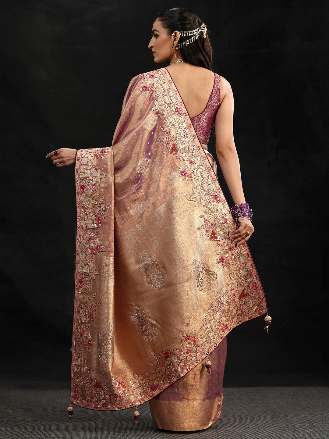 Libas Art Purple Woven Design Silk Blend Saree with Embroidered Border