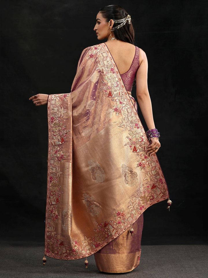 Libas Art Purple Woven Design Silk Blend Saree with Embroidered Border