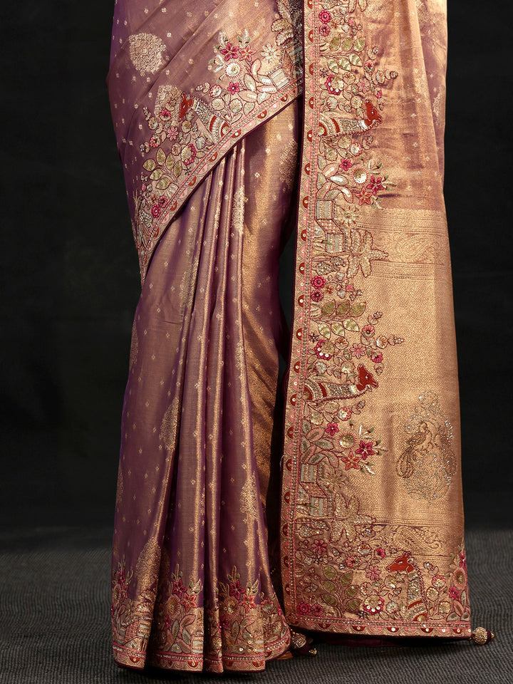Libas Art Purple Woven Design Silk Blend Saree with Embroidered Border