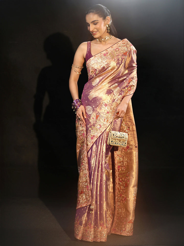 Libas Art Purple Woven Design Silk Blend Saree with Embroidered Border