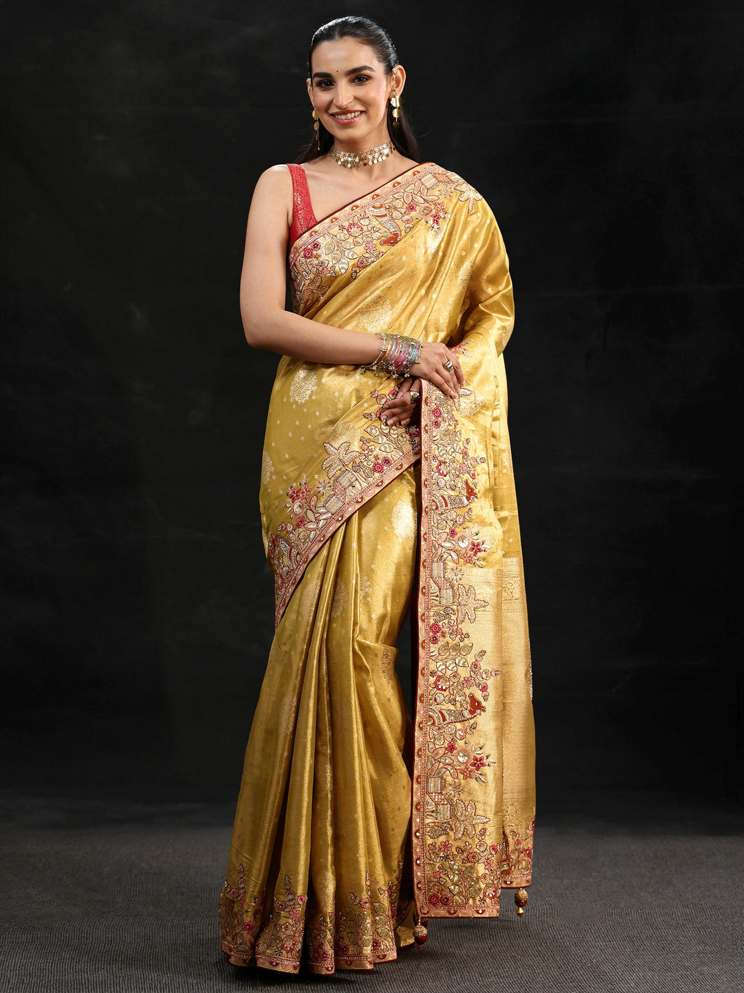 Libas Art Mustard Woven Design Silk Blend Saree with Embroidered Border