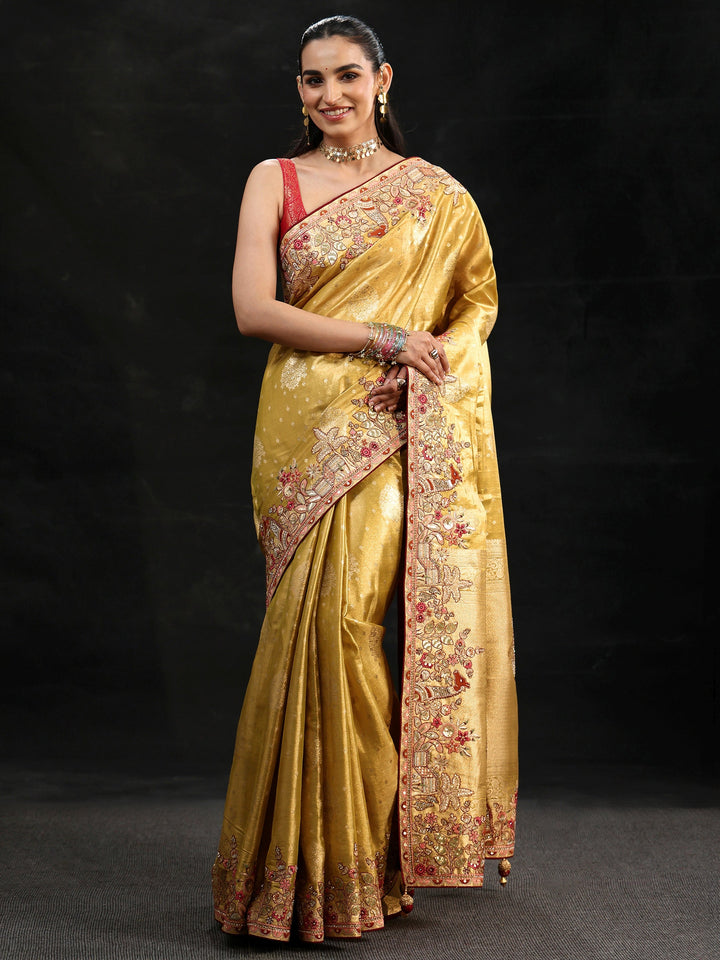 Libas Art Mustard Woven Design Silk Blend Saree with Embroidered Border