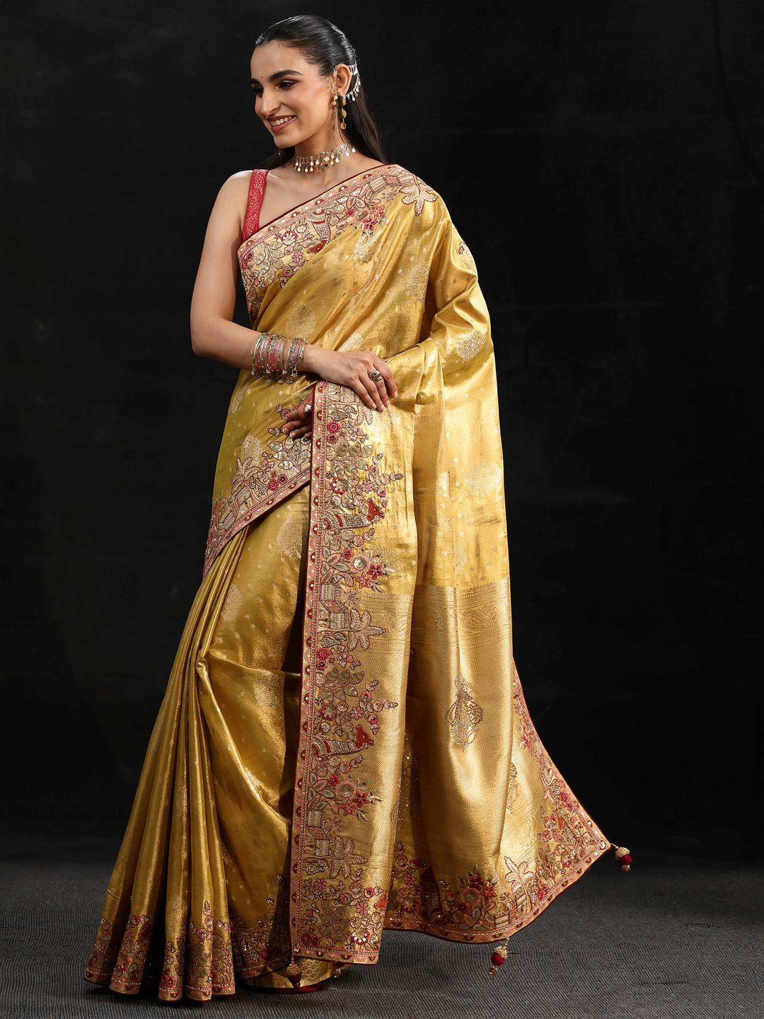 Libas Art Mustard Woven Design Silk Blend Saree with Embroidered Border