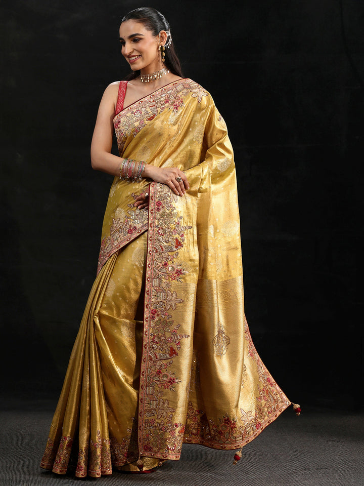 Libas Art Mustard Woven Design Silk Blend Saree with Embroidered Border
