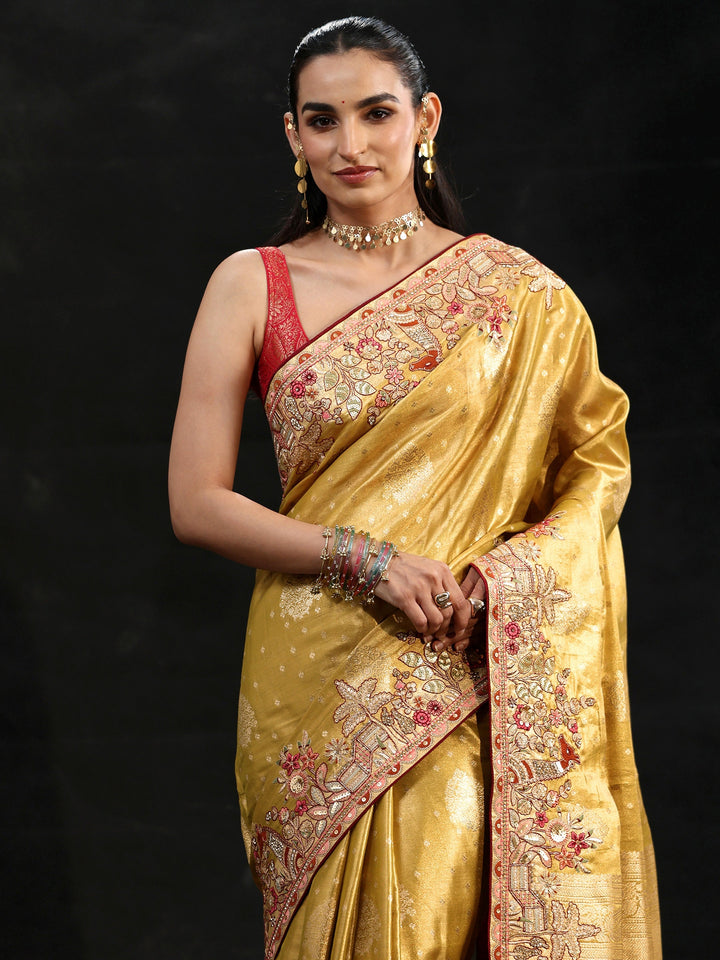 Libas Art Mustard Woven Design Silk Blend Saree with Embroidered Border