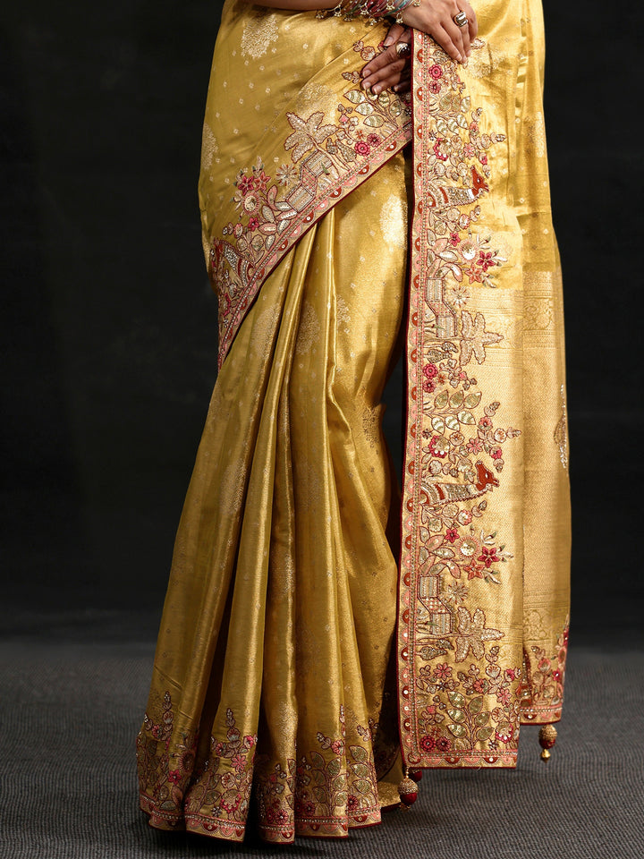 Libas Art Mustard Woven Design Silk Blend Saree with Embroidered Border
