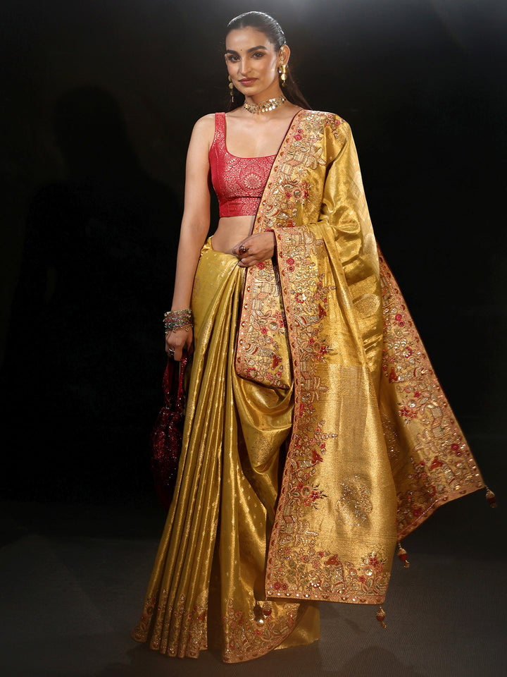 Libas Art Mustard Woven Design Silk Blend Saree with Embroidered Border