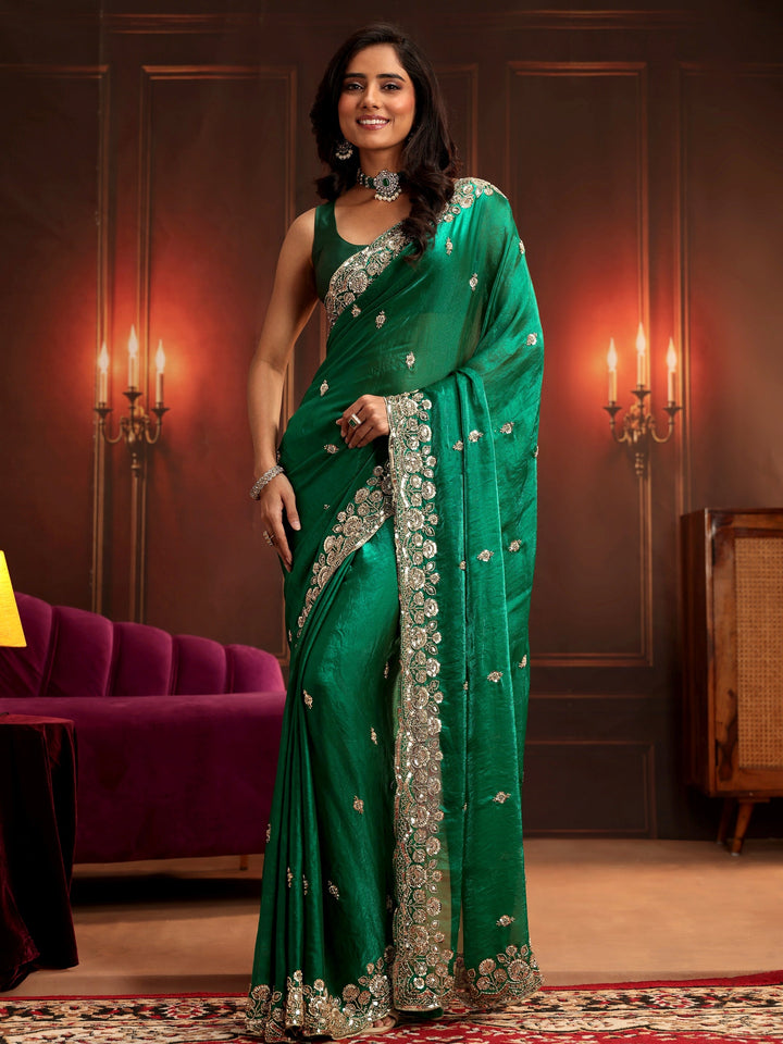 Libas Art Bottle Green Embellished Tissue Saree
