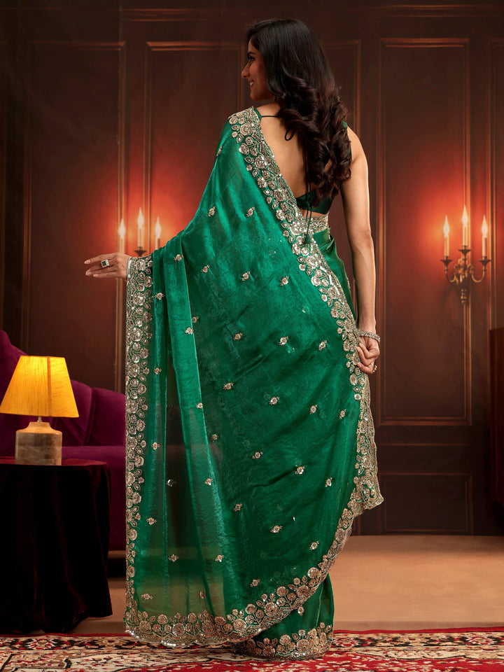 Libas Art Bottle Green Embellished Tissue Saree
