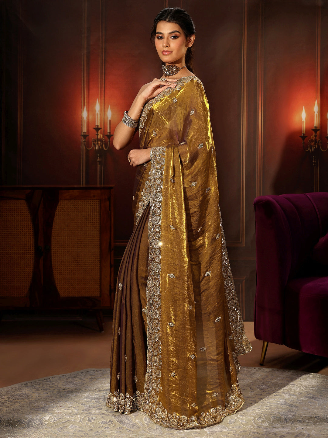 Libas Art Mustard Tissue Saree with Sequin Embellished Border