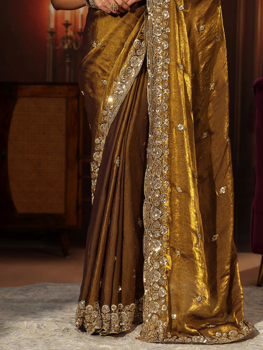 Libas Art Mustard Tissue Saree with Sequin Embellished Border