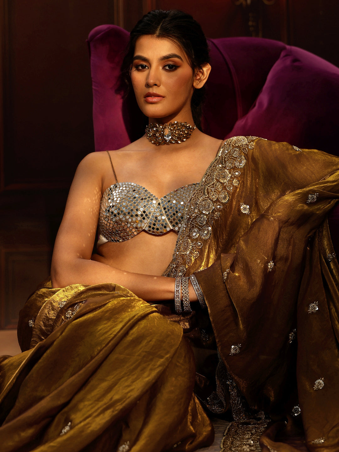 Libas Art Mustard Tissue Saree with Sequin Embellished Border