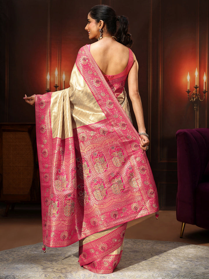 Libas Golden Banarasi Silk Blend Saree with Embellished Pallu