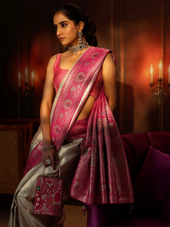Libas Golden Banarasi Silk Blend Saree with Embellished Pallu