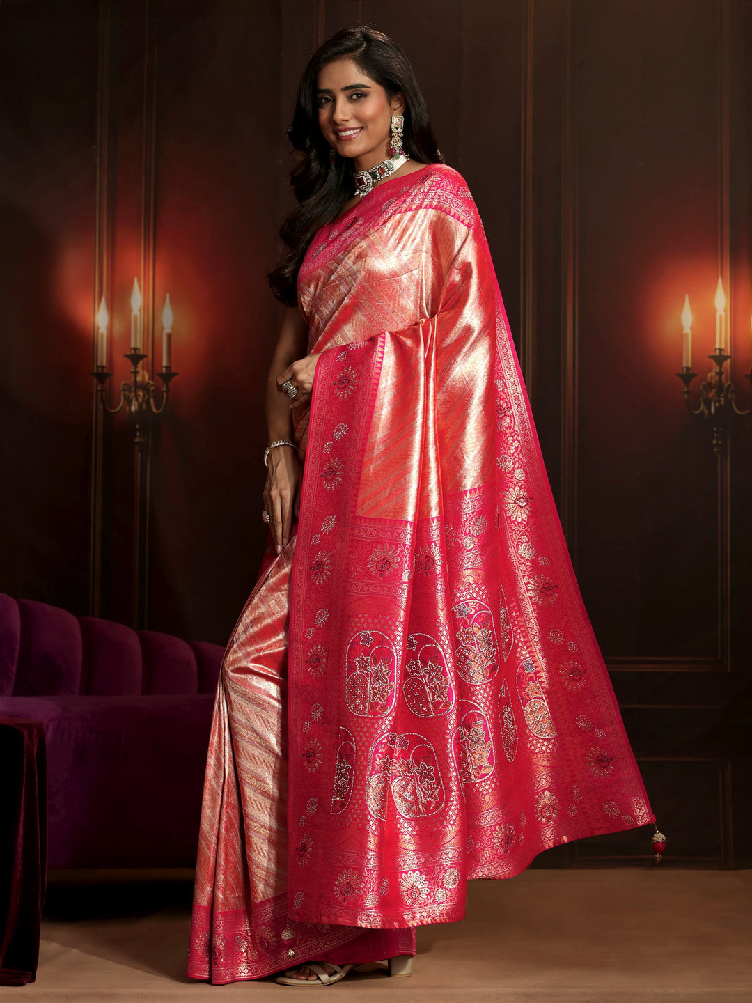 Libas Peach Pink Woven Design Silk Blend Saree