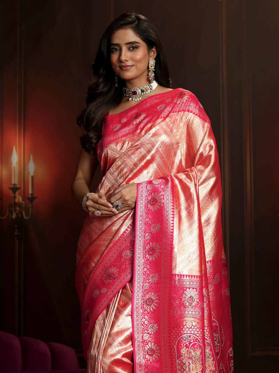 Libas Peach Pink Woven Design Silk Blend Saree