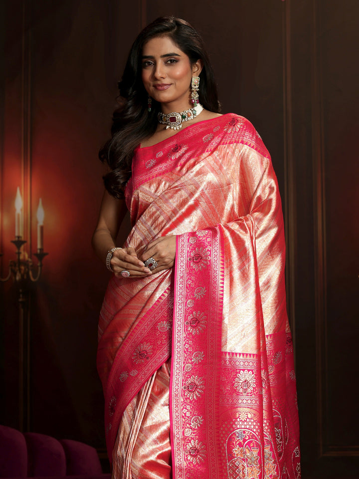 Libas Peach Pink Woven Design Silk Blend Saree