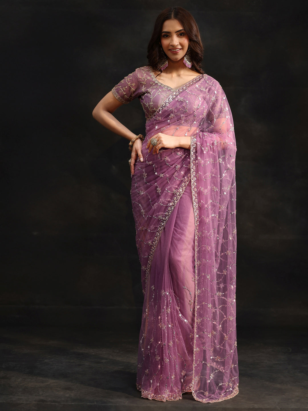 Libas Amethyst Purple Embellished Wavy Pattern Net Saree