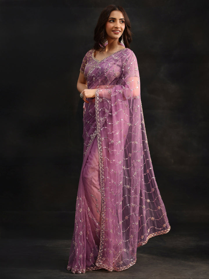 Libas Amethyst Purple Embellished Wavy Pattern Net Saree