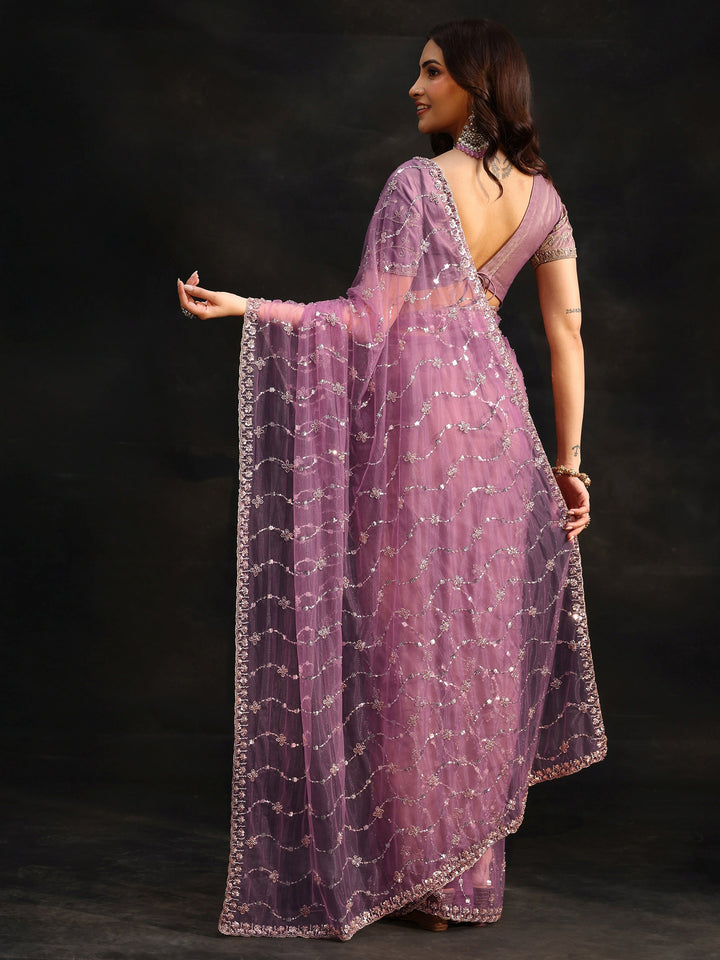 Libas Amethyst Purple Embellished Wavy Pattern Net Saree