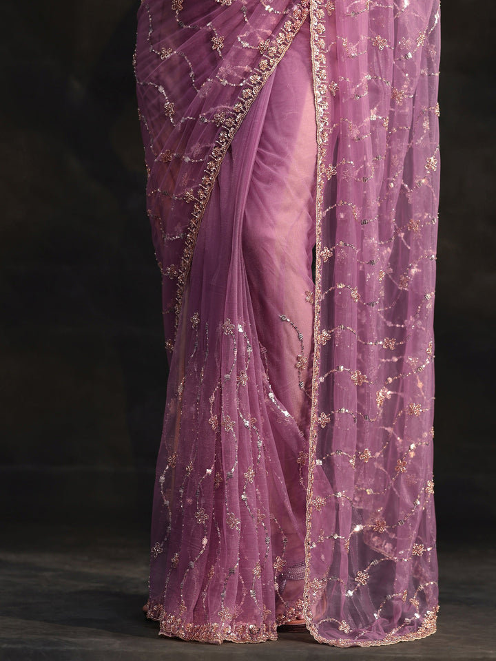 Libas Amethyst Purple Embellished Wavy Pattern Net Saree