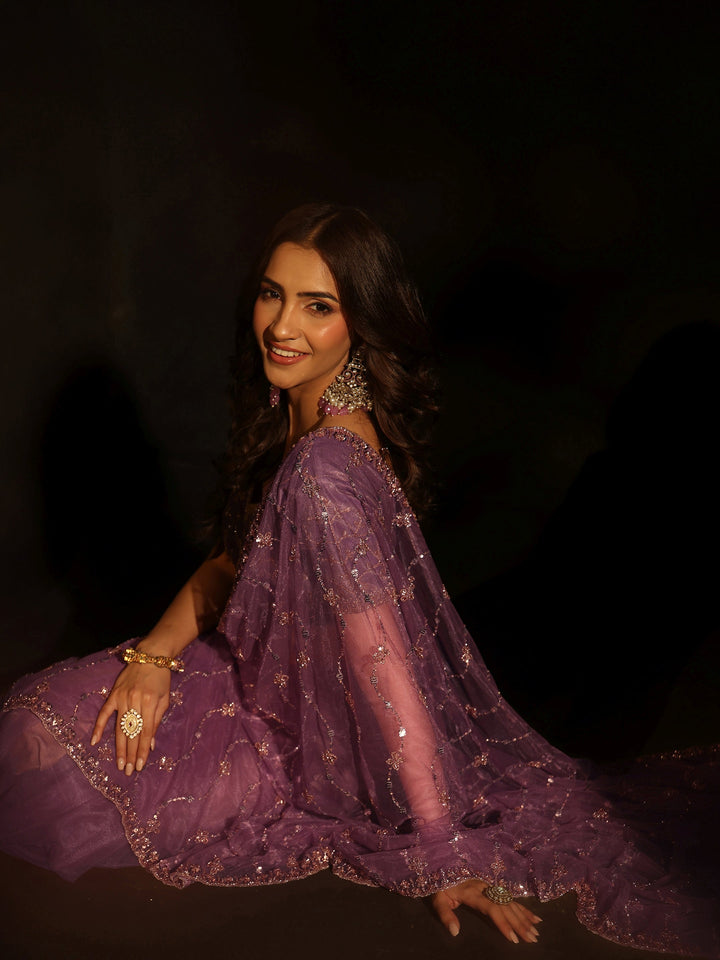 Libas Amethyst Purple Embellished Wavy Pattern Net Saree