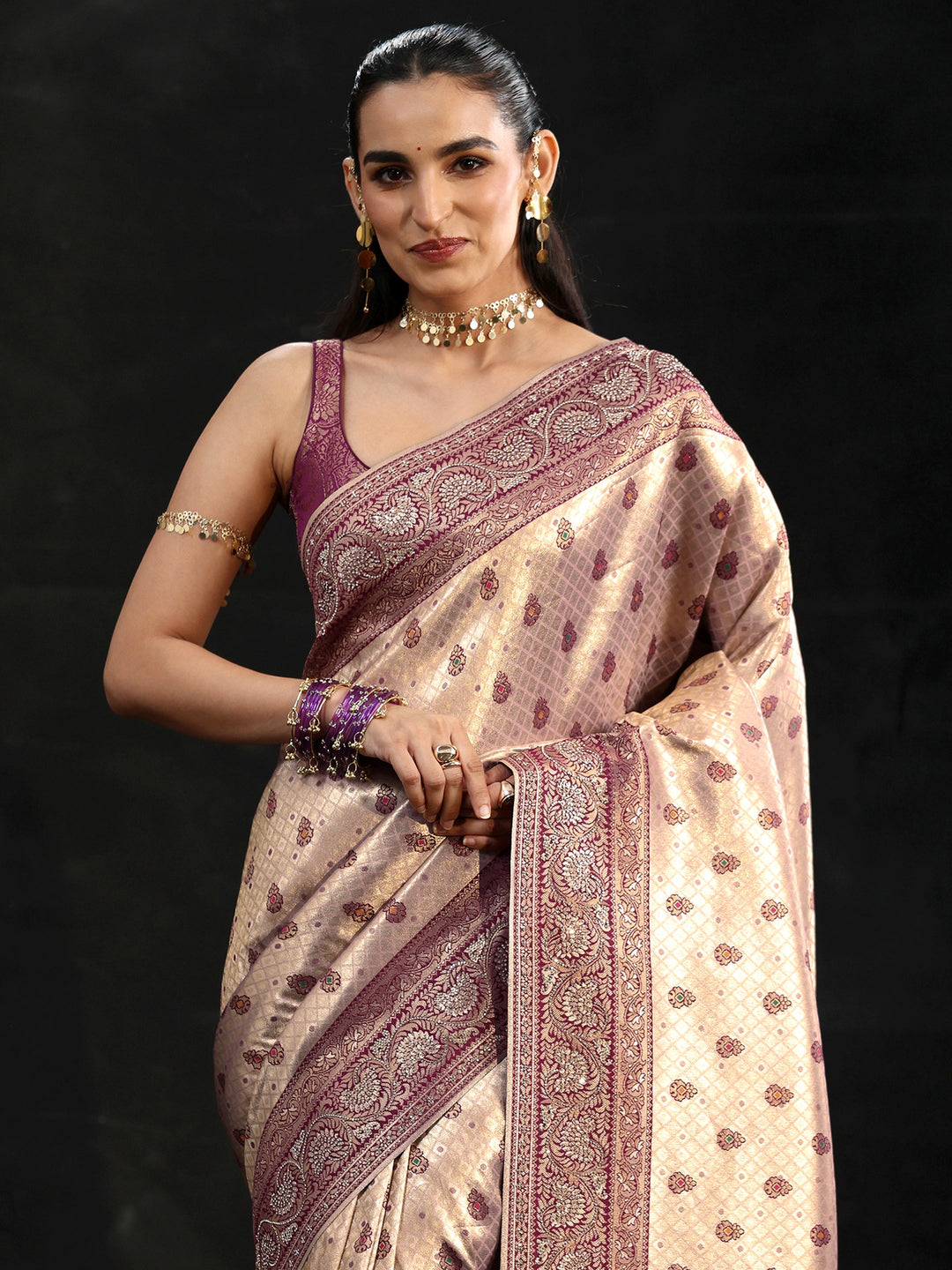 Libas Art Purple Banarasi Silk Blend Saree