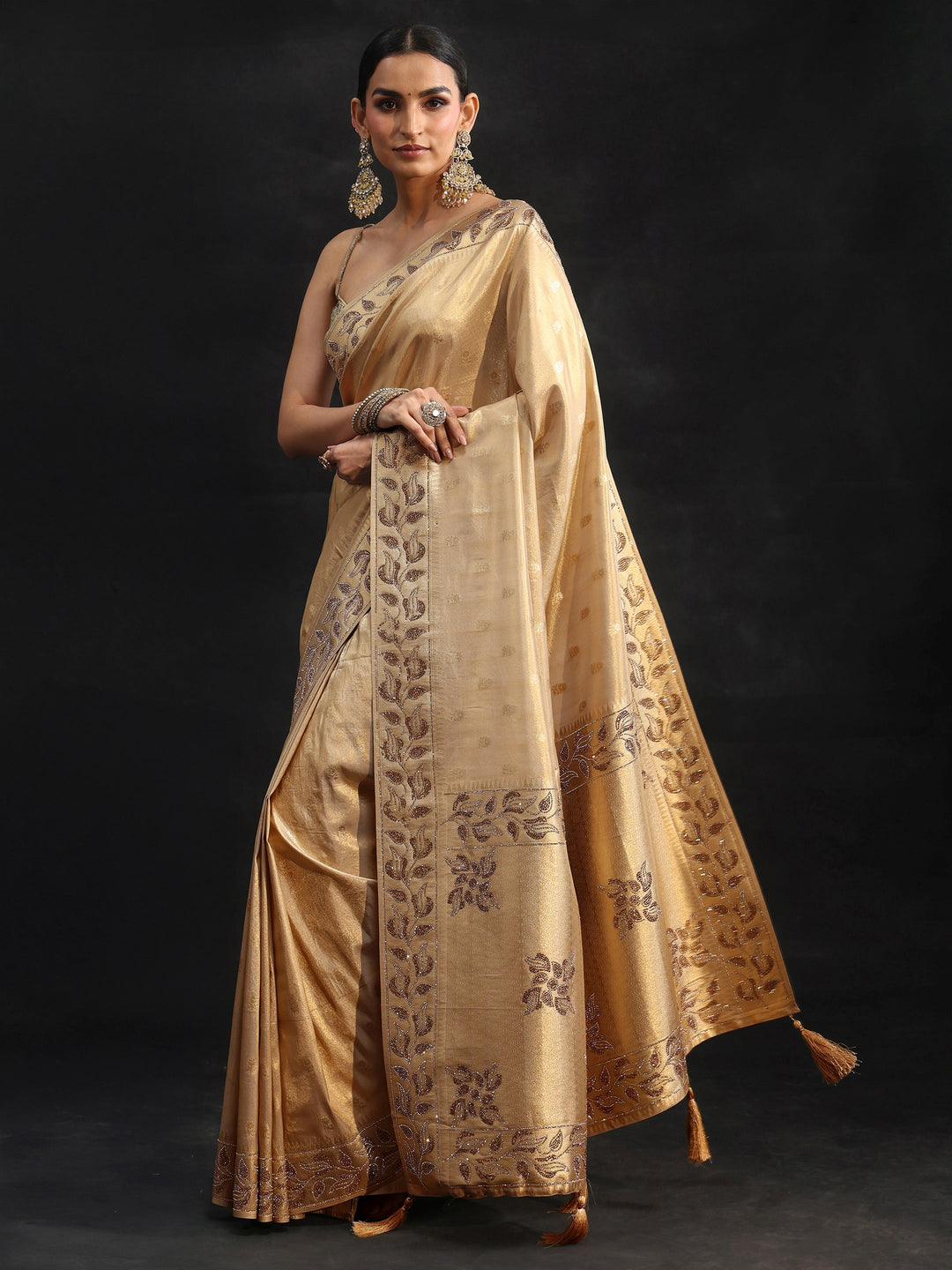 Libas Art Gold Silk Blend Saree with Stone Embellished Border