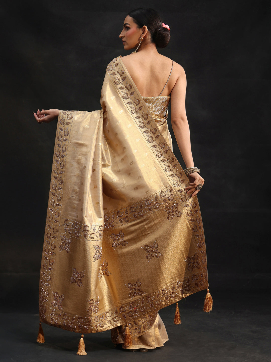 Libas Art Gold Silk Blend Saree with Stone Embellished Border