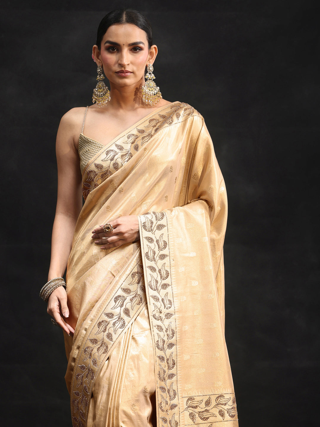 Libas Art Gold Silk Blend Saree with Stone Embellished Border