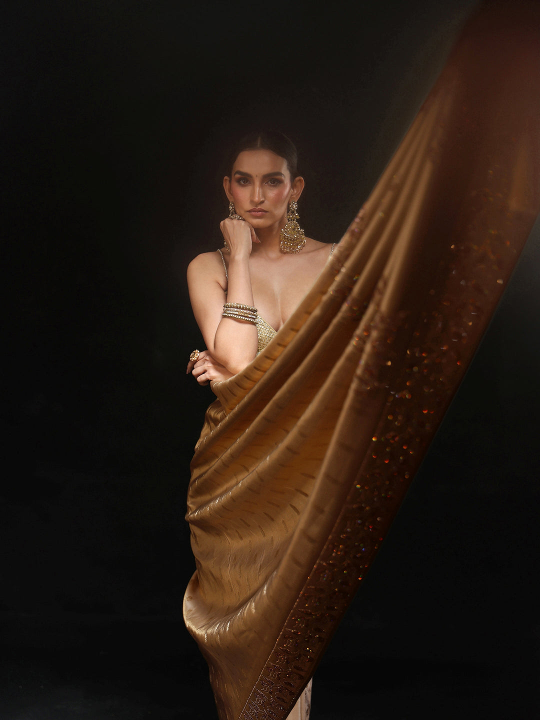 Libas Art Gold Silk Blend Saree with Stone Embellished Border