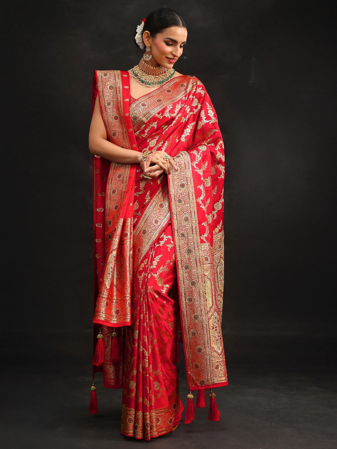 Libas Art Vermillion Red Floral Design Banarasi Silk Blend Saree with Dupatta