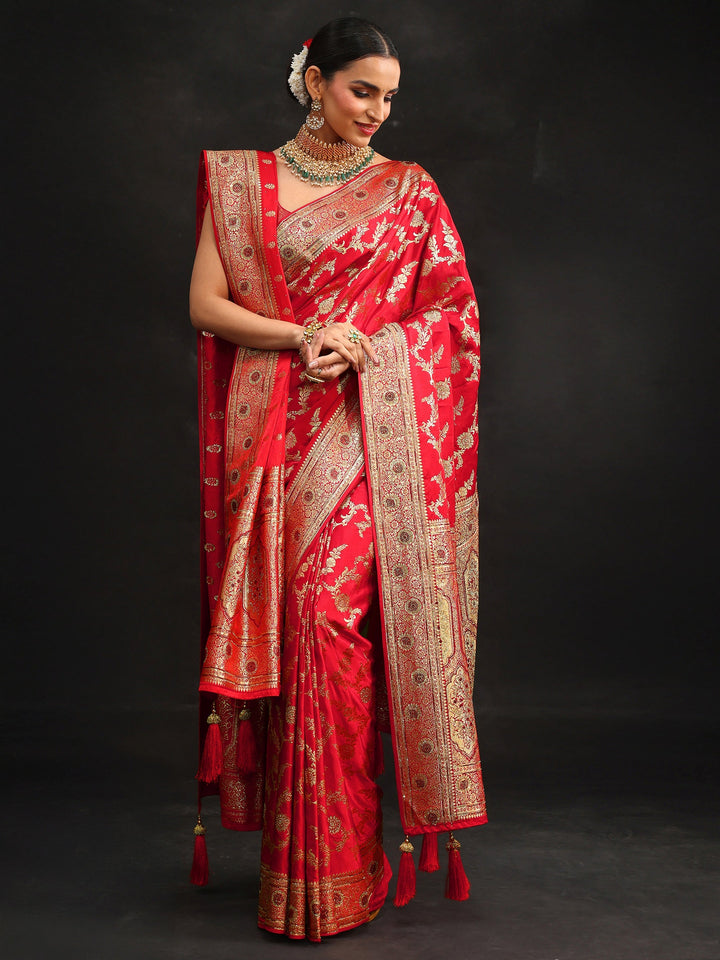 Libas Art Vermillion Red Floral Design Banarasi Silk Blend Saree with Dupatta