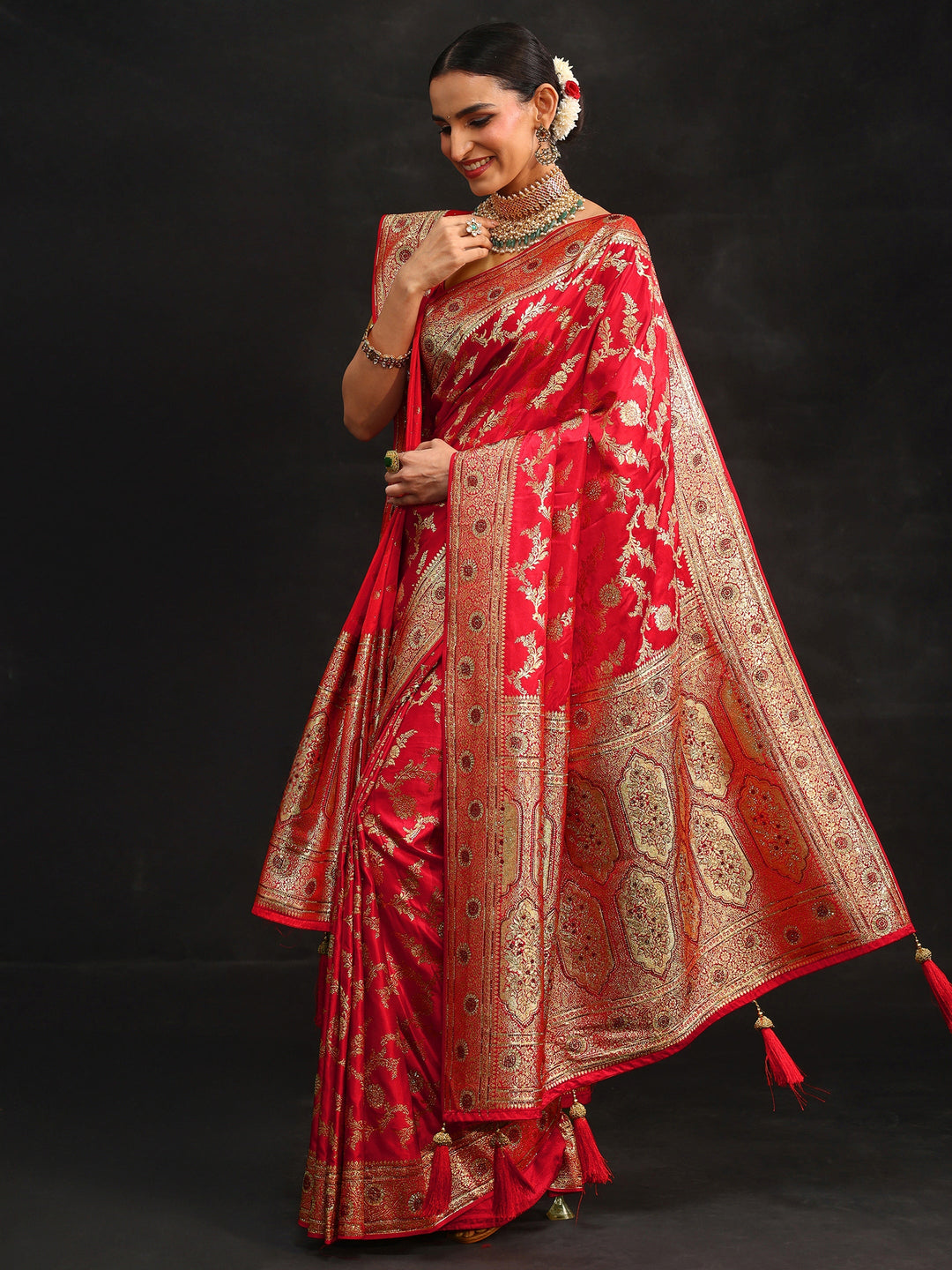 Libas Art Vermillion Red Floral Design Banarasi Silk Blend Saree with Dupatta