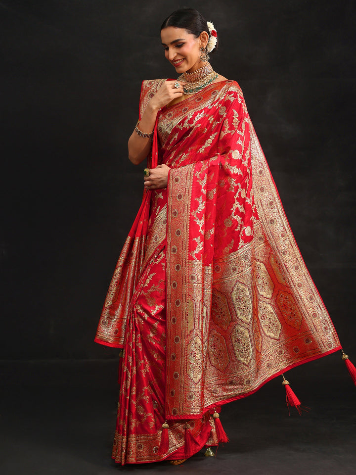 Libas Art Vermillion Red Floral Design Banarasi Silk Blend Saree with Dupatta