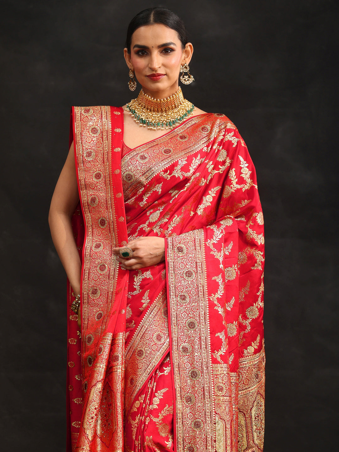 Libas Art Vermillion Red Floral Design Banarasi Silk Blend Saree with Dupatta