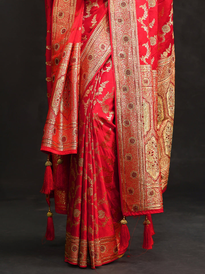 Libas Art Vermillion Red Floral Design Banarasi Silk Blend Saree with Dupatta