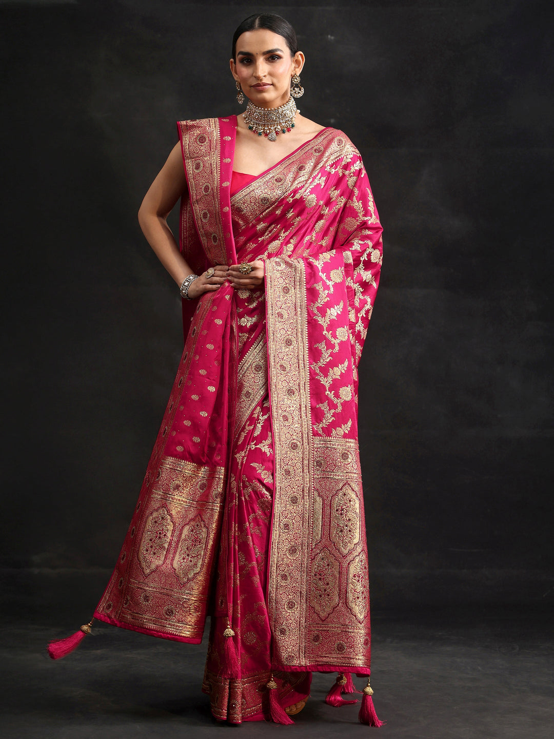 Libas Art Rani Pink Floral Design Banarasi Silk Blend Saree with Dupatta