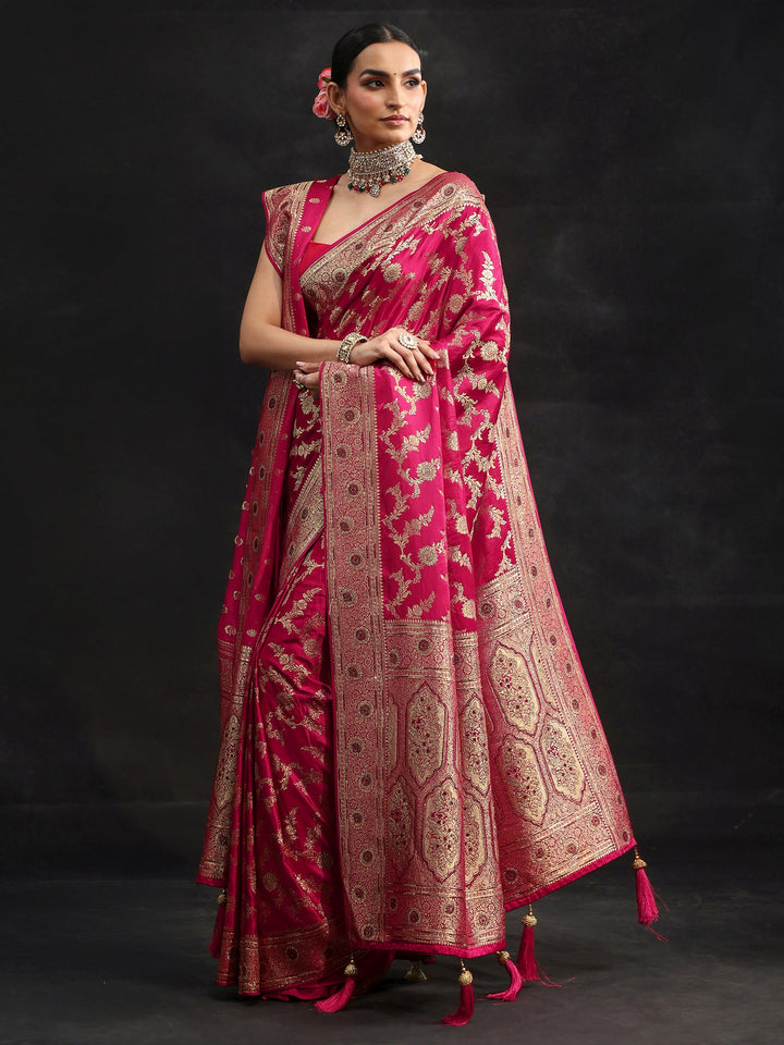 Libas Art Rani Pink Floral Design Banarasi Silk Blend Saree with Dupatta