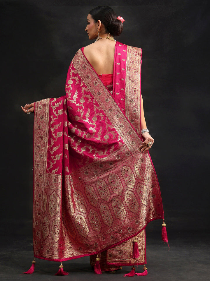 Libas Art Rani Pink Floral Design Banarasi Silk Blend Saree with Dupatta
