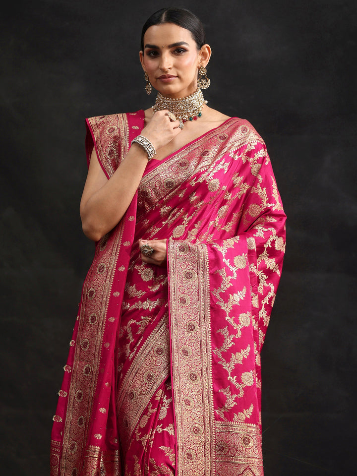 Libas Art Rani Pink Floral Design Banarasi Silk Blend Saree with Dupatta