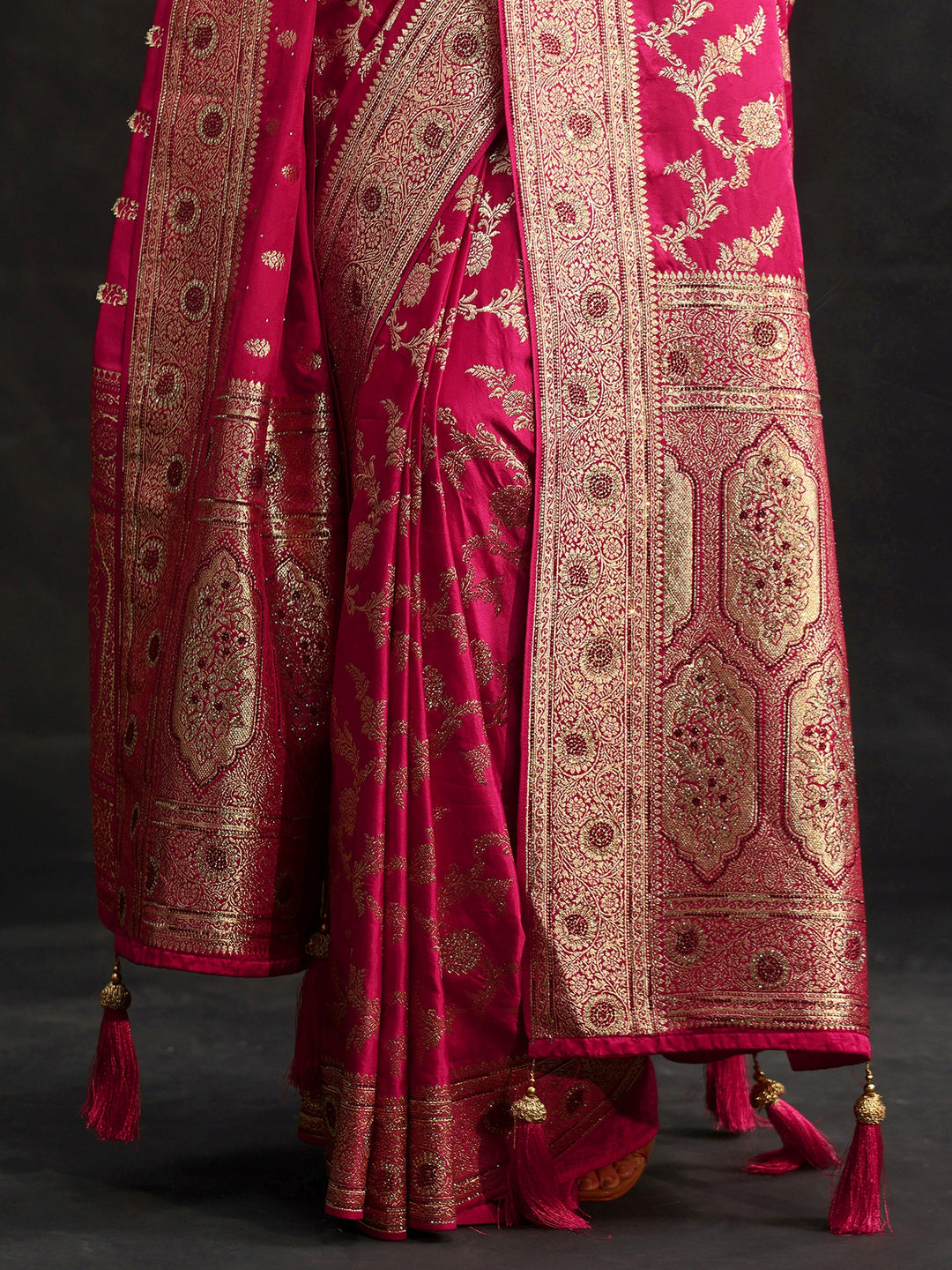Libas Art Rani Pink Floral Design Banarasi Silk Blend Saree with Dupatta