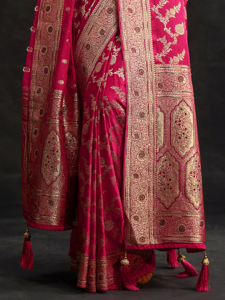 Libas Art Rani Pink Floral Design Banarasi Silk Blend Saree with Dupatta