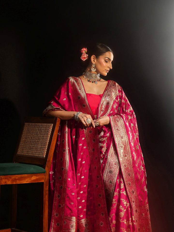 Libas Art Rani Pink Floral Design Banarasi Silk Blend Saree with Dupatta