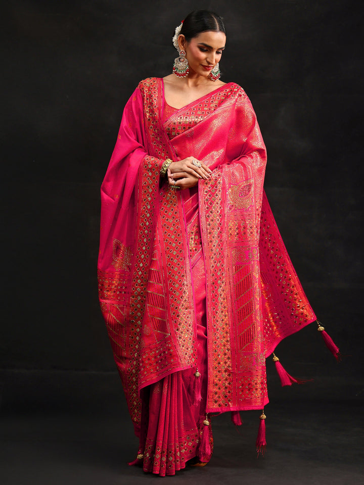 Libas Art Pink Embellished Banarasi Silk Blend Saree with Dupatta