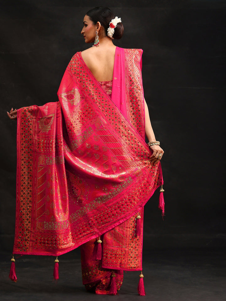 Libas Art Pink Embellished Banarasi Silk Blend Saree with Dupatta