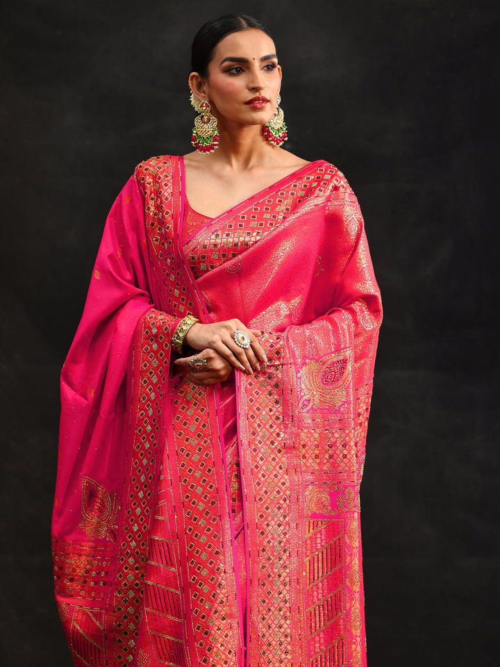 Libas Art Pink Embellished Banarasi Silk Blend Saree with Dupatta