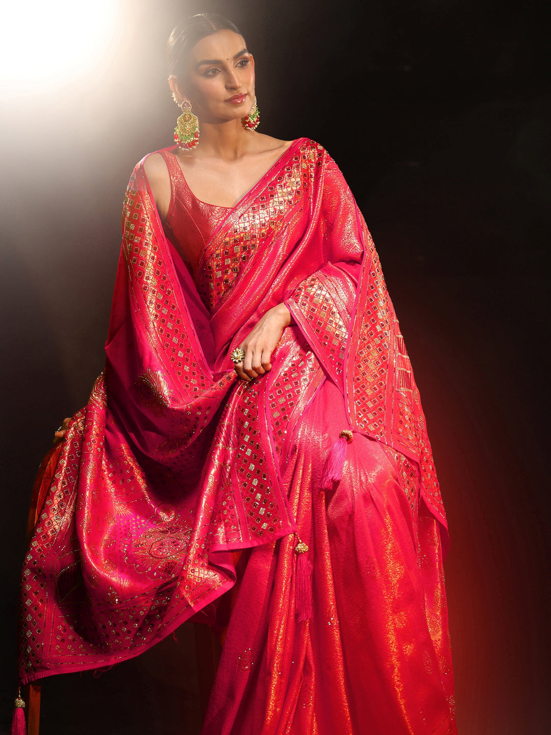 Libas Art Pink Embellished Banarasi Silk Blend Saree with Dupatta