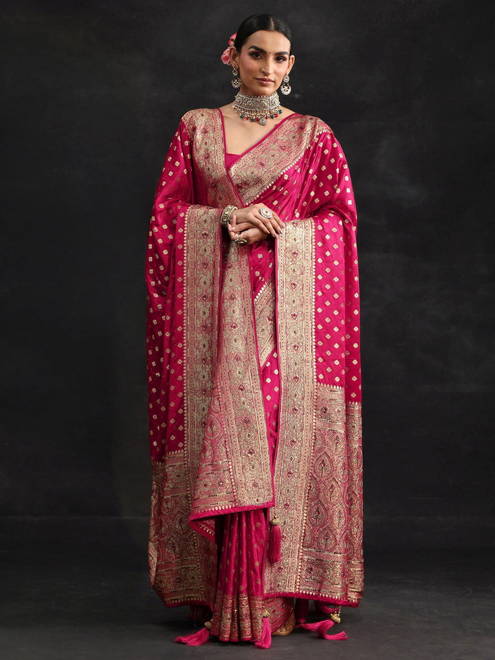 Libas Art Rose Pink Embellished Banarasi Silk Blend Saree with Dupatta